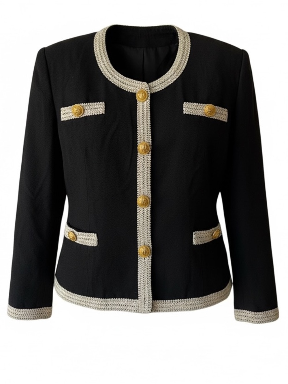 VERTIGO Paris Cropped Black Bouclé Jacket with Gold Buttons